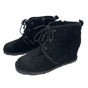 ASPEN | Kim Black Suede Hidden Wedge Faux Fur Lined Lace Up Ankle Boots Size 7.5